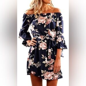New Women’s Off Shoulder Ruffles Floral Tunic Casual Party Shift Short Dress Med